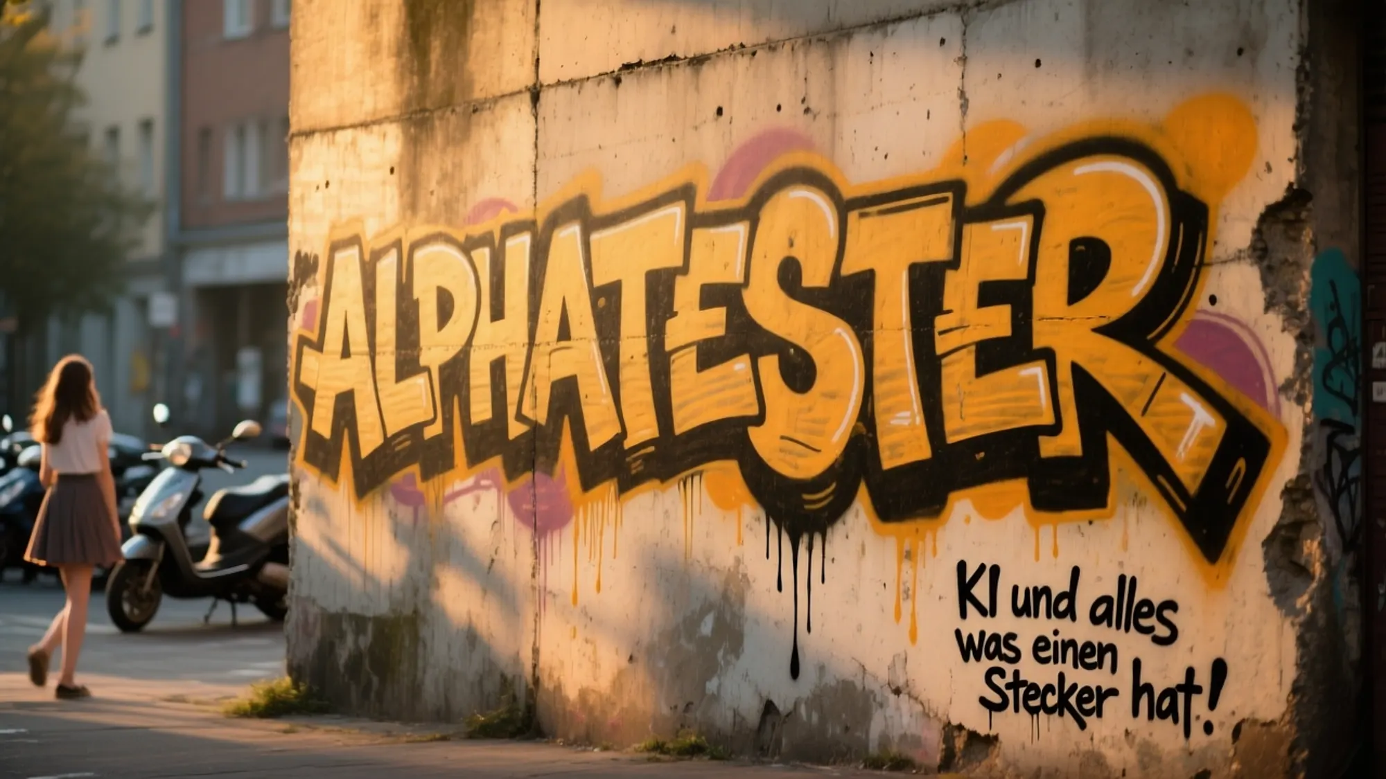 ALPHATESTER-Schriftzug als Graffiti an einer Hauswand