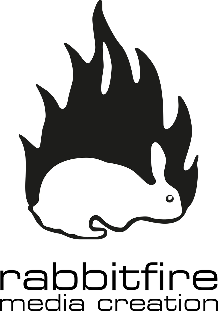 Logo von rabbitfire media creation: ein weißer Hase vor einer schwarzen Flamme