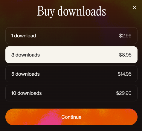 Suno-Dialog „Buy downloads“: 1 Download 2,99 $, 3 Downloads 8,95 $, 5 Downloads 14,95 $, 10 Downloads 29,90 $