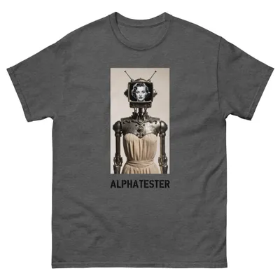 T-shirt 50s robot: A robot made of riveted sheet metal with antennas, a television in its head.