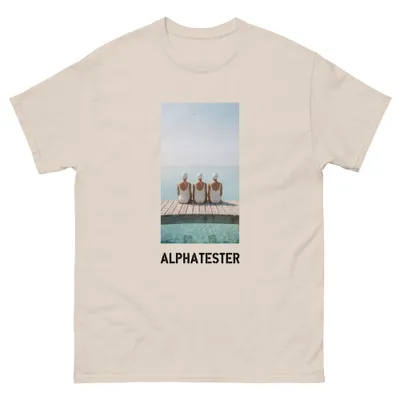 T-shirt calm: Three women wearing headwear sit on a wooden bridge over a swimming pool.
