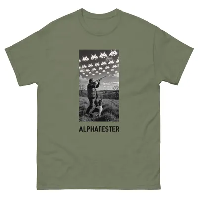 T-shirt commander: A man aims a shotgun at the sky, his dog sitting next to him.