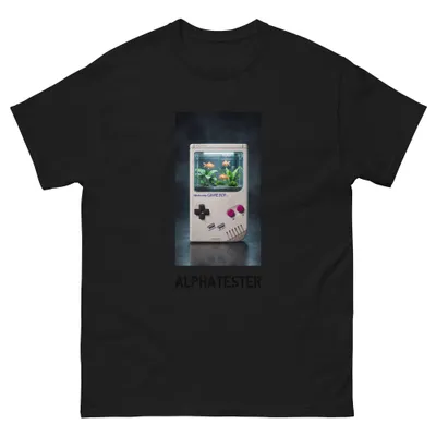 T-shirt console: A gray handheld console whose screen is an aquarium.