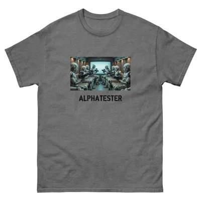 T-Shirt crew: Eine Reihe identischer Roboter sitzt in einer Raumkabine, alle mit Kameras im Anschlag, alle in dieselbe Richtung gedreht.