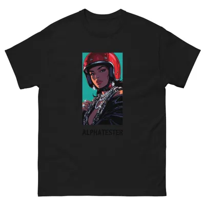 T-Shirt diamond girl: Eine Frau im Comic-Stil trägt einen roten Motorradhelm und dicke Silberketten mit funkelnden Diamanten.
