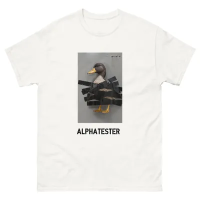 T-shirt duck tape: A duck taped across the body to a metal door with black tape.