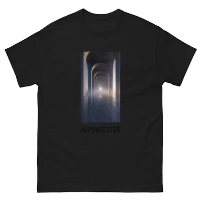 T-Shirt endless: Eine lange, neutrale Halle mit sich überlappenden Bögen, die in der Ferne verschwimmen.