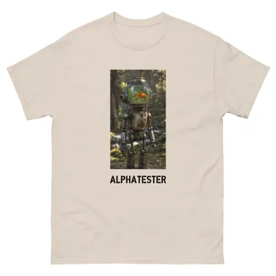 T-shirt fish head: A rusty robot whose head is a glass flask with goldfish and water plants.