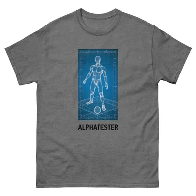 T-shirt football: A technical drawing on blueprint paper: a human body on a grid, a ball in front of it, dimension lines all around.