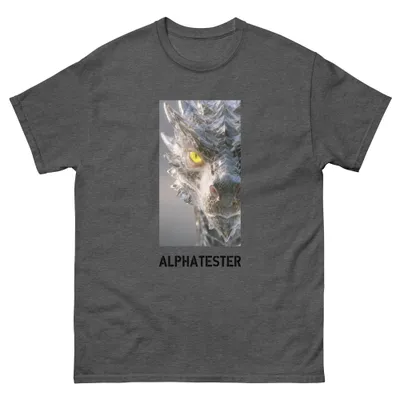 T-shirt glass dragon: A dragon head made of glass, every scale cut transparent, the eye yellow with a vertical pupil.