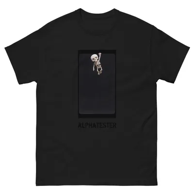 T-shirt hang in there: A stylized cartoon skeleton hangs from the upper edge of a dark gray frame.