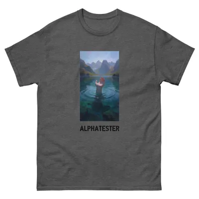 T-Shirt lake: Eine Hand taucht in einem See ein. Die Wasserfläche ist von einer einzelnen Welle umgeben.
