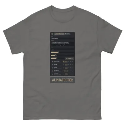 T-shirt music generator app: The ALPHATESTER Music Generator window, filled in: title “Distant Afterglow”, a prompt about a big band on a rooftop, style trip hop, five versions.