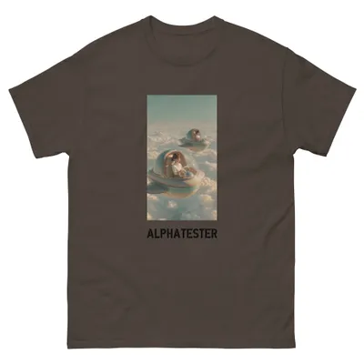 T-shirt over the clouds: Two pastel-colored flight capsules float above a sea of clouds, each with a person sitting under a glass dome.