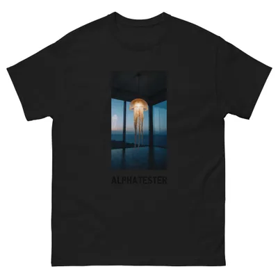 T-shirt sea lamp: A jellyfish hangs as a ceiling lamp in a glass room above the sea, its tentacles reaching almost to the floor.