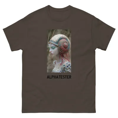 T-Shirt snail woman: Eine Frau im Profil, auf dem Kopf ein großes Schneckenhaus, aus dem sich rote Adern über Hals und Schulter ziehen.