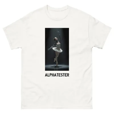T-shirt terminator ballet: A ballerina in a tutu stands en pointe, one arm extended.