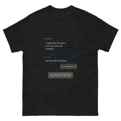 T-shirt the prompt: The prompt field with “a night drive through a neon city, slow and hypnotic”, style trip hop, dark, dub bass, and the 2× GENERATE button.