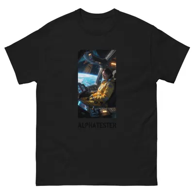 T-Shirt yellow gaze: Eine junge Frau in einem gelben Raumanzug sitzt in einer Raumschiff-Kapsel.