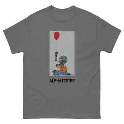 T-Shirt zombie balloon: Ein gezeichneter Zombie ohne Beine sitzt am Boden und hält einen roten Luftballon in die Höhe.